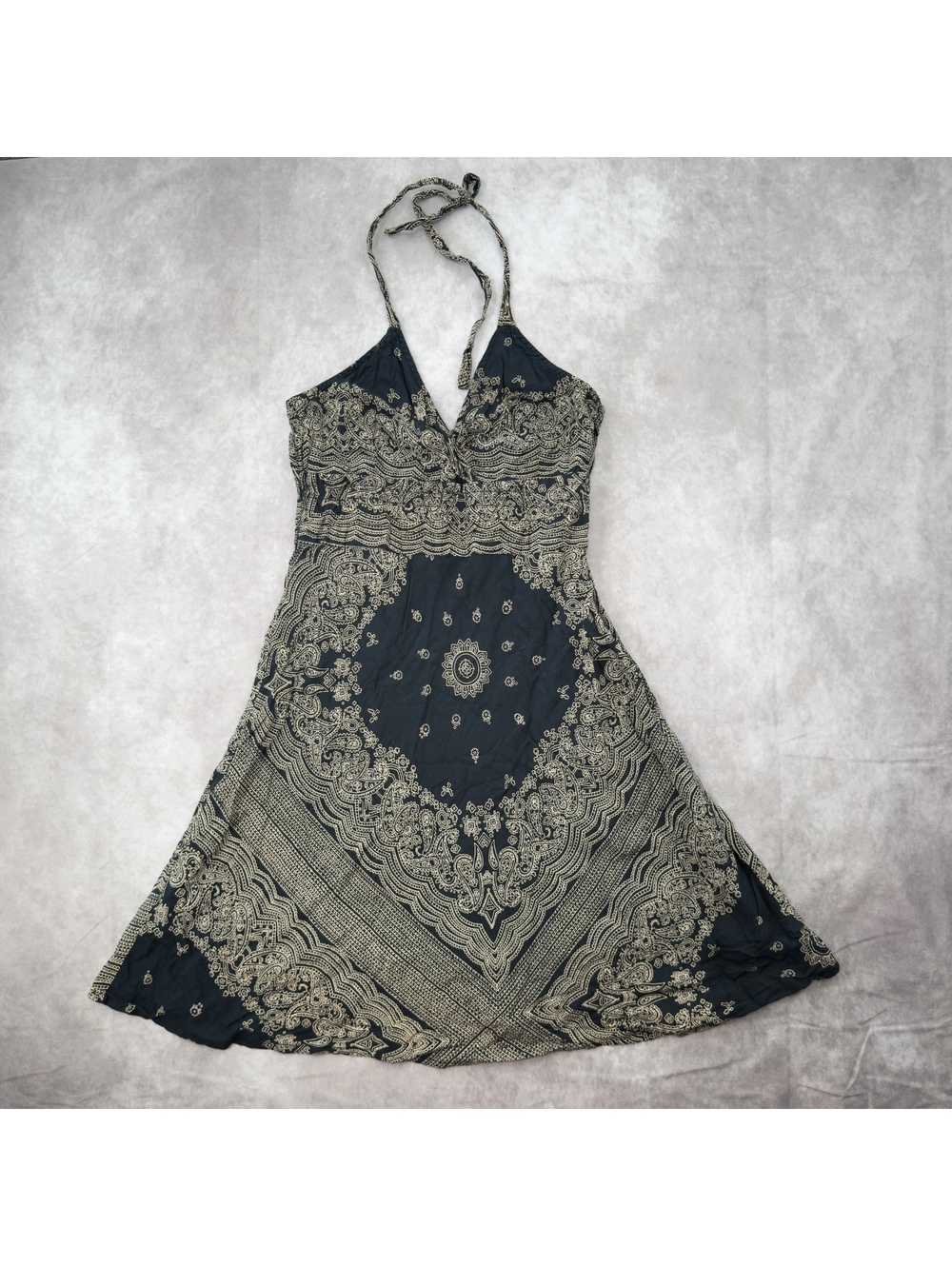 y2k Blue Plate navy tan paisley bandana print halter dress vintage boho fairy M